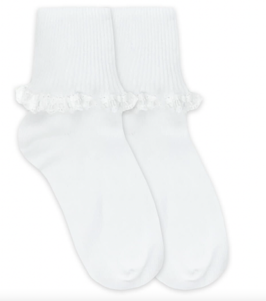 Girls Cluny & Satin Lace Turn Cuffs Socks-White