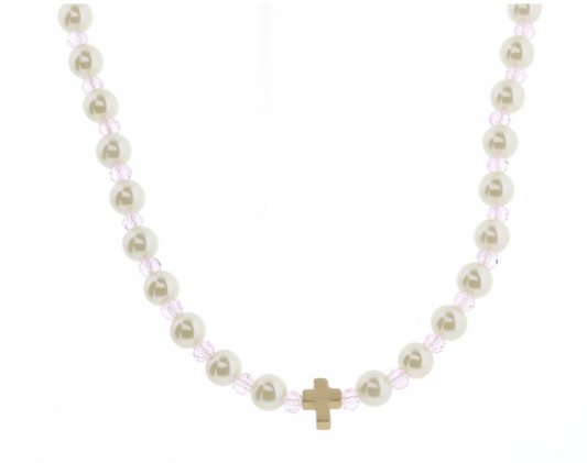 Jane Marie Pearl and Light Pink Cross Necklace