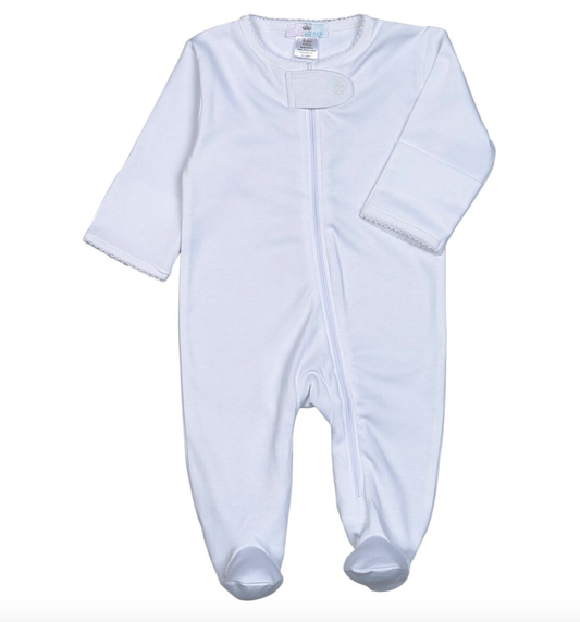 White Pima Zipper White Picot Footie