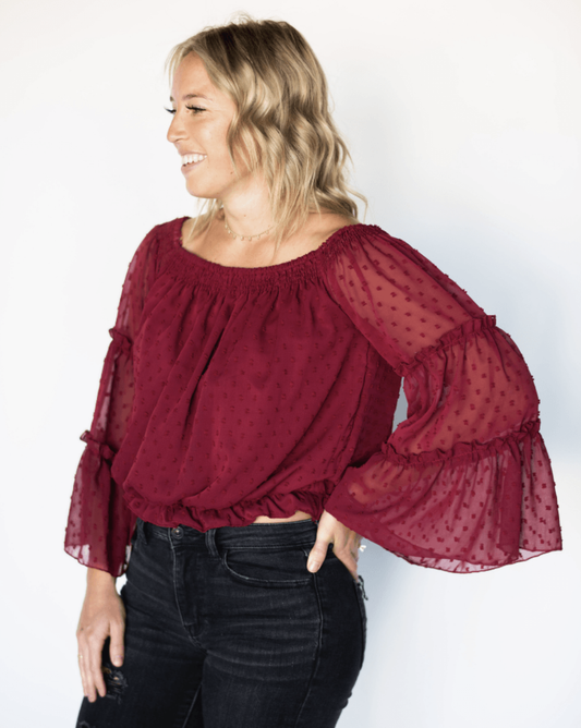 Savanna Wine Off the Shoulder Dot Top
