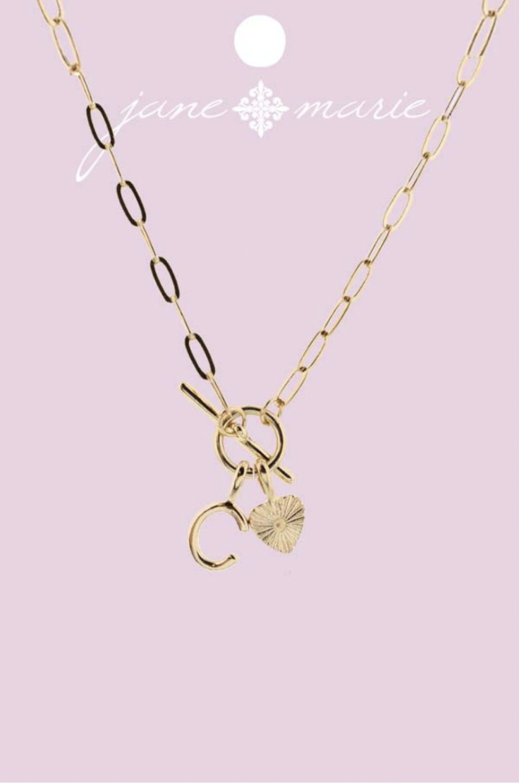 Gold "C" Initial With Textured Heart Necklace