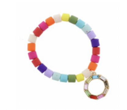 Kids Multi Colored Cylinder Beads W/ Multi Crystal Open Circle Bracelet