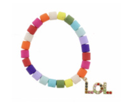 Kids Multi Colored Cylinder Beads W/ Multi Crystal "LOL" Bracelet