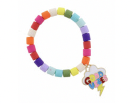Kids Multi Colored Cylinder Beads W/ "Good Vibes" Cloud Bracelet