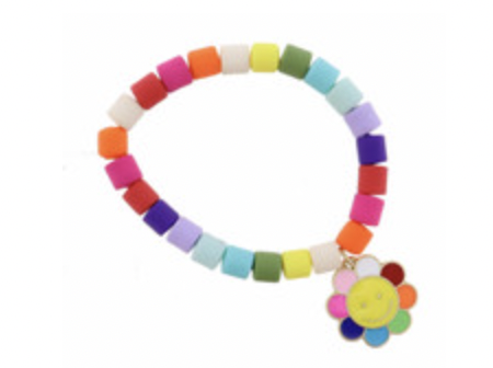 Kids Multi Colored Cylinder Beads W/ Smiling Flower Bracelet