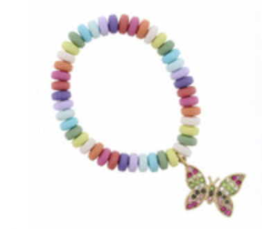 Kids Multi Colored Disk Beads W/ Multi Crystal Flying Butterfly Bracelet