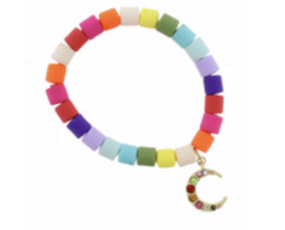 Kids Multi Colored Cylinder Beads W/ Multi Crystal Crescent Bracelet