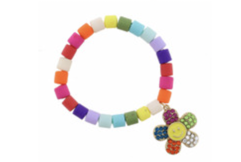 Kids Multi Colored Cylinder Beads W/ Multi Crystal Happy Flower Bracelet