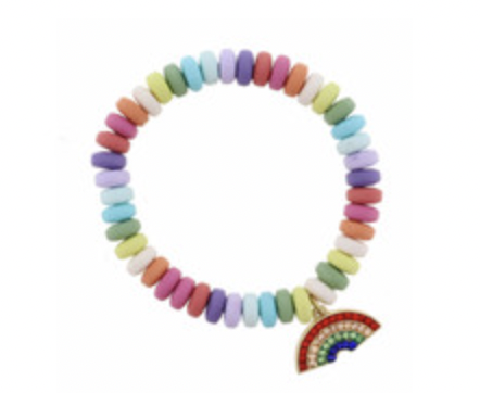 Kids Multi Colored Disk Beads W/ Crystal Rainbow Bracelet