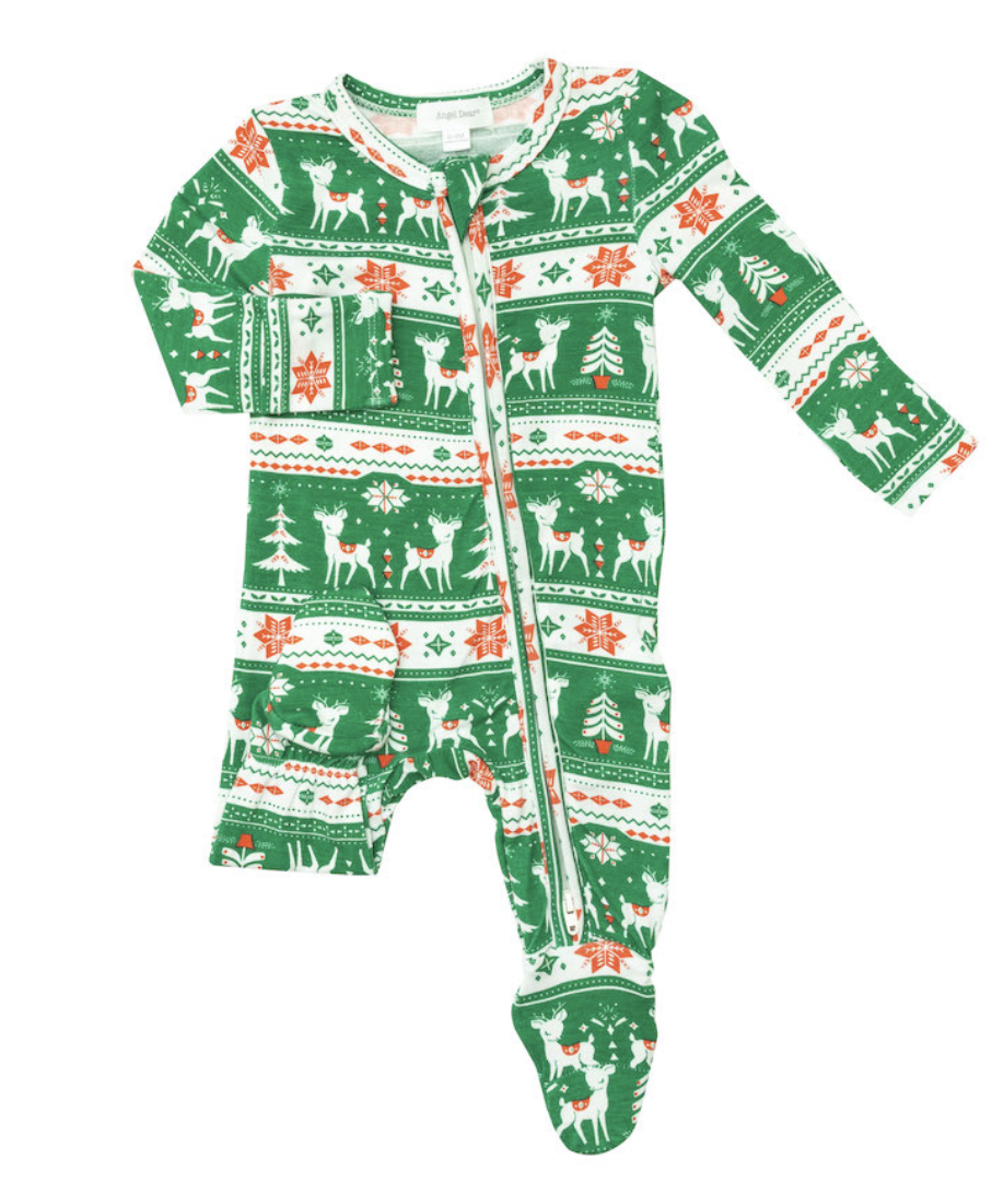 Vintage Deer Fair Isle Jolly Green 2 Way Zipper Footie