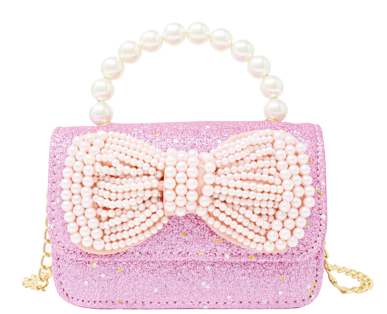 Glitter Pearl Handle Bow Bag- Pink