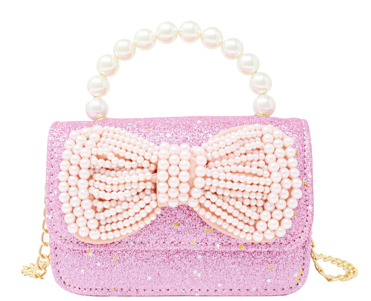 Glitter Pearl Handle Bow Bag- Pink