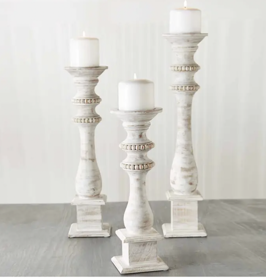 White Beaded Wood Candle Stick