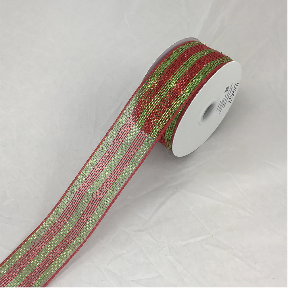 Red & Green Decorating Stripe Metallic Mesh Ribbon