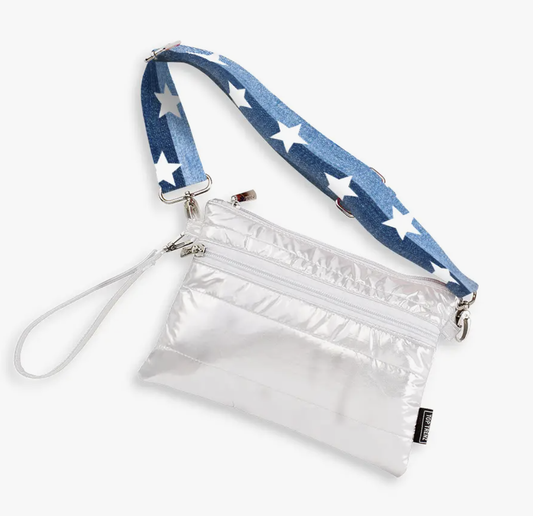 White Puffer 3-in-1 (Belt/Crossbody/Pouch)w/Denim Star Strap