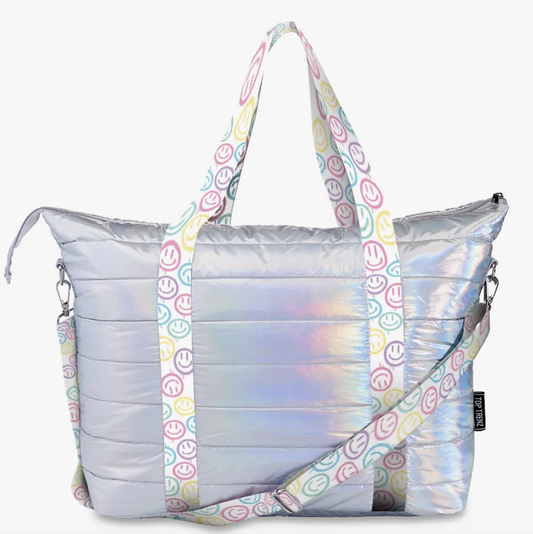 Iridescent Puffer Tote Bag w/Smiley Burst Straps