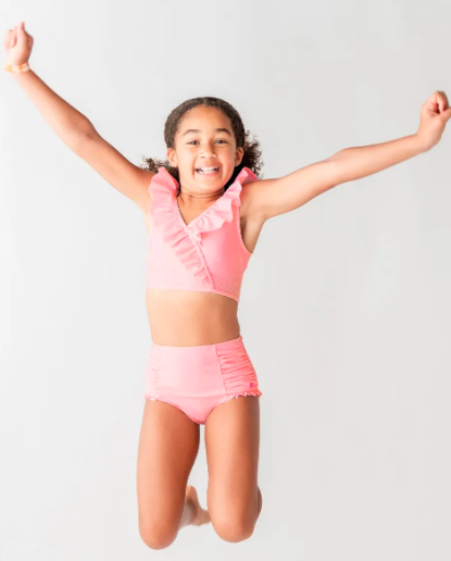 RB Pink Seersucker Tween Ruffle V-neck Bikini