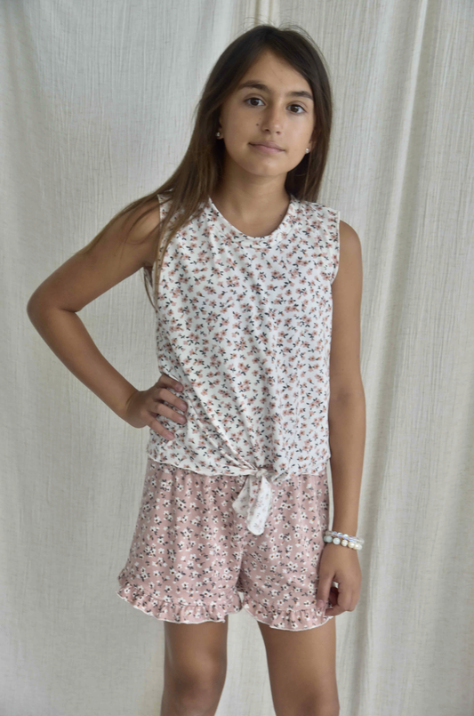 Kim Ivory Floral Tie Top w/Blush Floral Shorts
