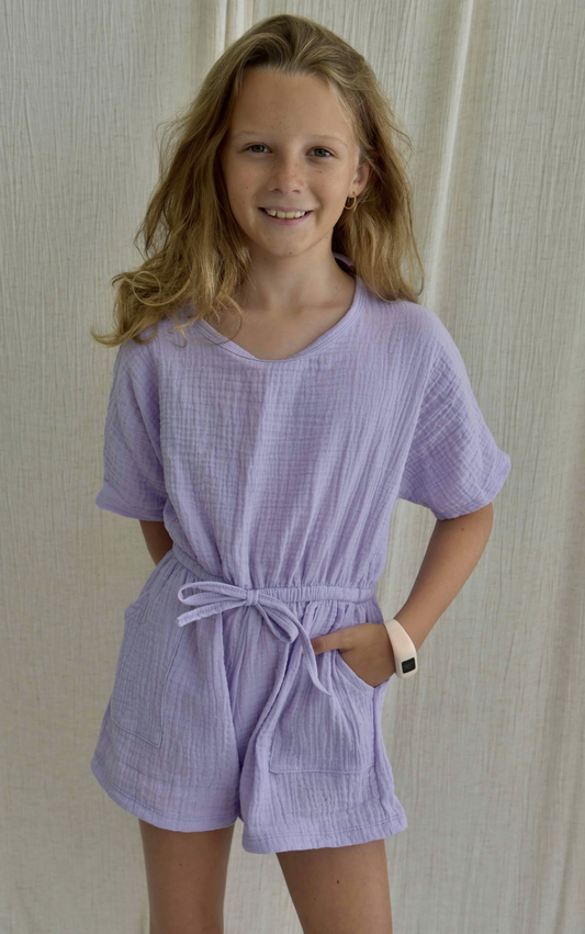 Zoe Lilac Gauze Romper w/Pockets