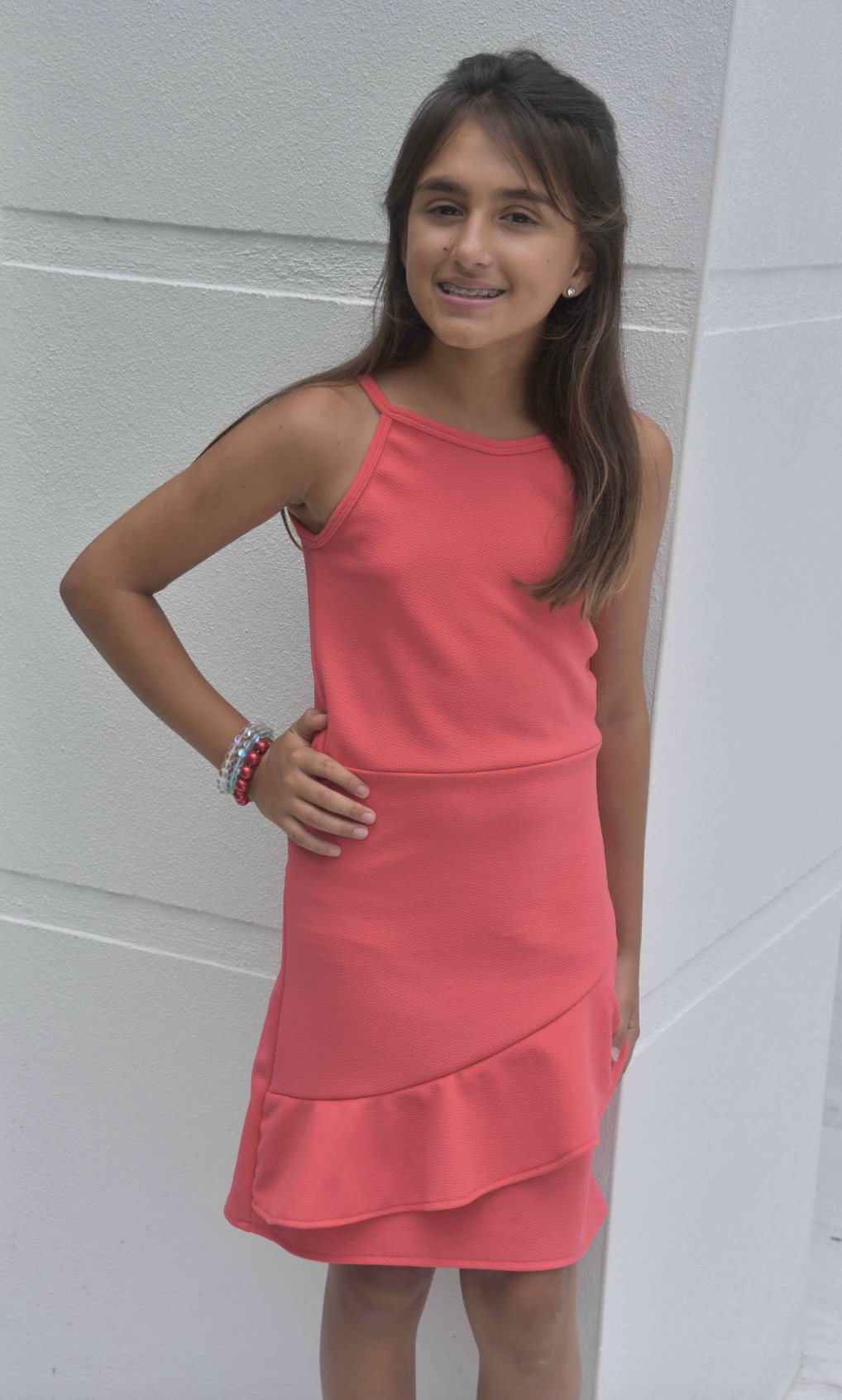 Kelsey Coral Cami Dress w/Front Ruffle