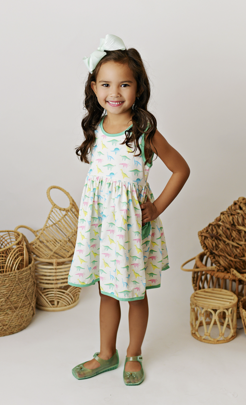 SB Watercolor Dino Peony Bow Pocket Dress