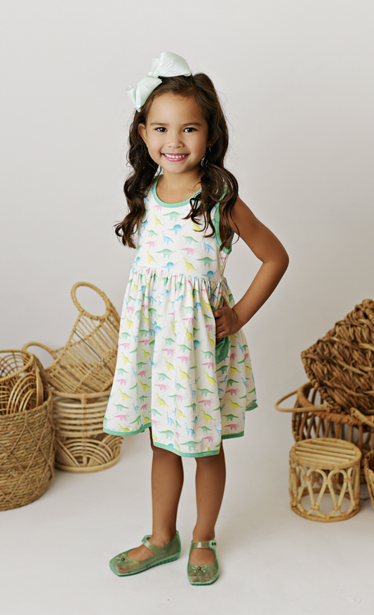 SB Watercolor Dino Peony Bow Pocket Dress