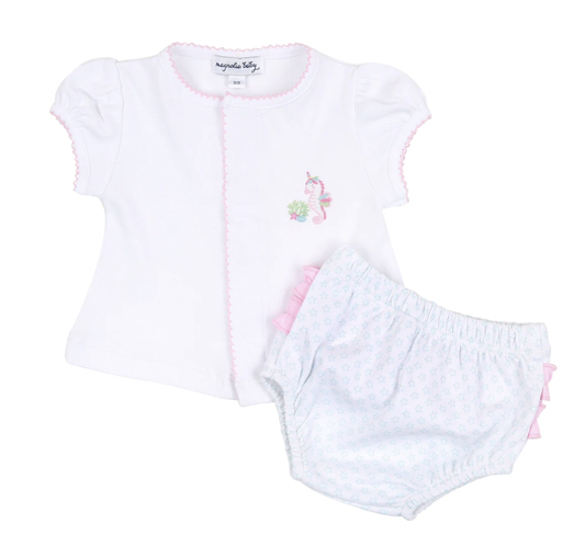 Sea Unicorn Emb Ruffle Diaper Cover Set