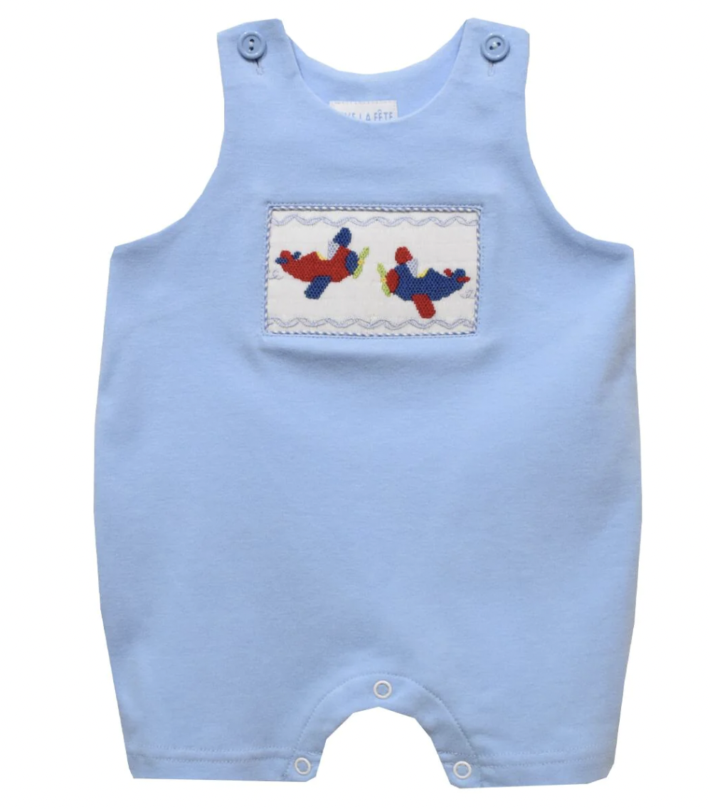 Airplane Smocked Light Blue Knit Romper