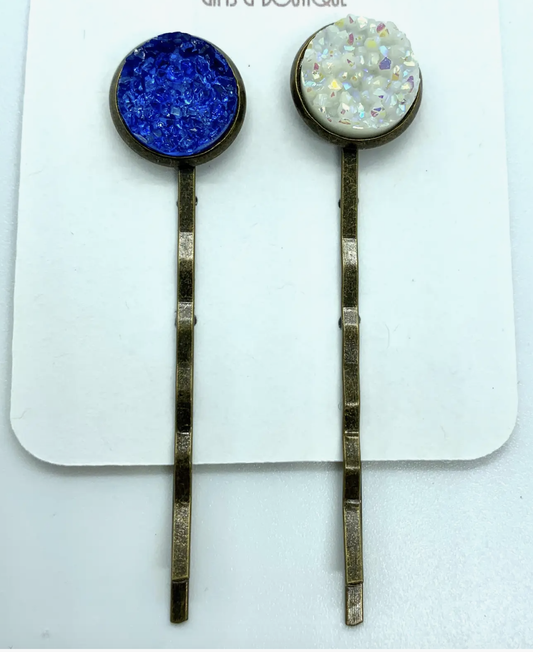 Druzy Hair Pins- Royal/White