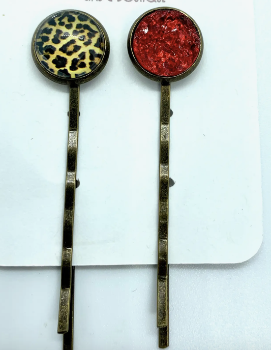 Druzy Hair Pins-Leopard/Red