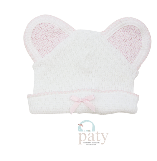 White Paty Knit Bear Cap w/Pink Trim