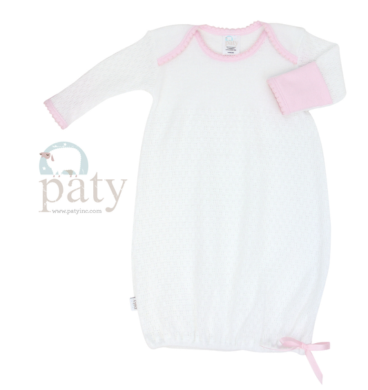 Paty Lap Shoulder Gown White Knit w/ Pink Trim