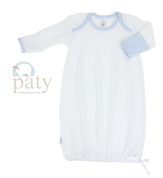 Paty Lap Shoulder Gown White Knit w/ Blue Trim