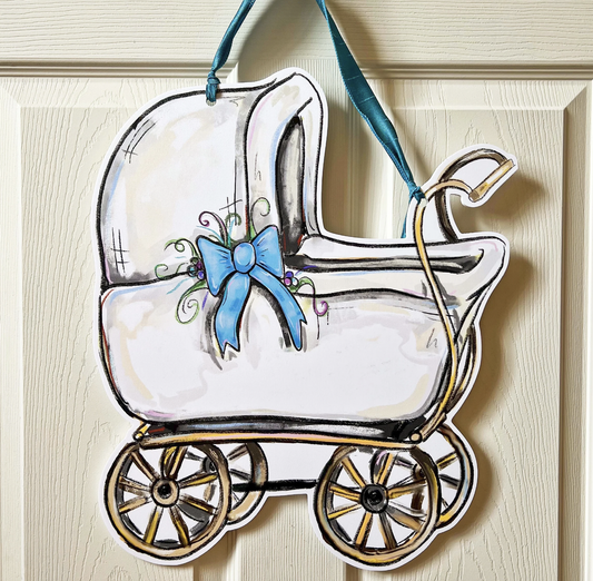 Blue Baby Carriage Door Hanger