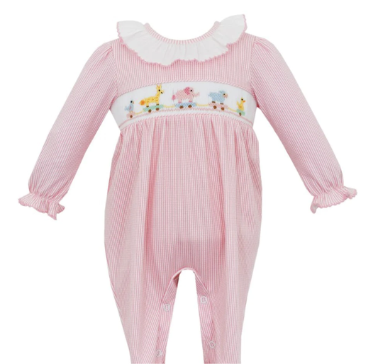 Petit Bebe Pink Check Animal Train Smock Romper