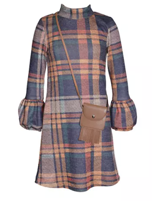 Rust Plaid Dress with Bag