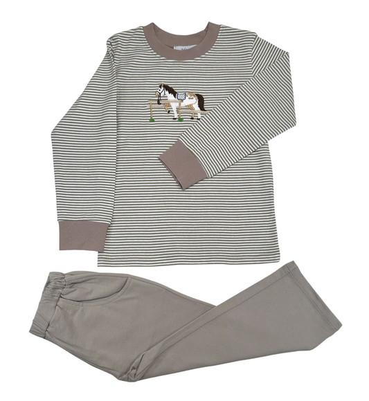 Olive Stripe Horse Applique Pant Set