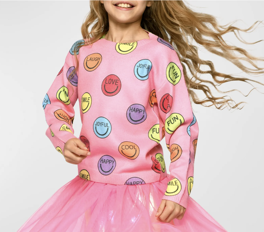 Pink Happy face Print Sweater