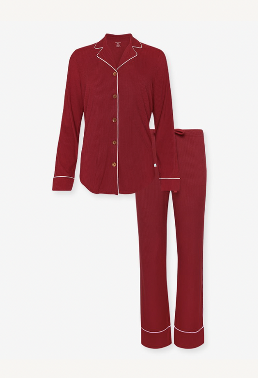 Solid Ribbed Dark Red Women's LS Pajama Pant Set