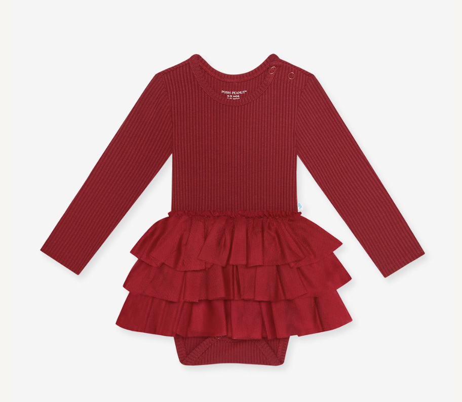 Solid Ribbed Dark Red LS Tulle Skirt Bodysuit