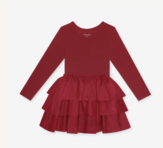 Solid Ribbed Dark Red LS Tulle Dress