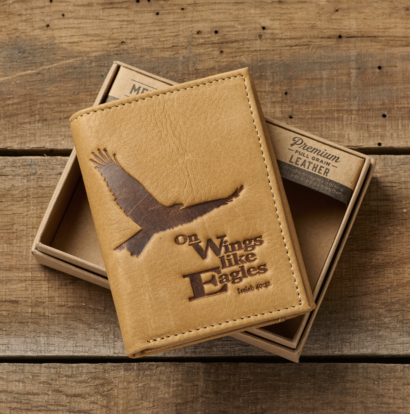 Wings Like Eagles Camel Tan Full Grain Leather Trifold Wallet