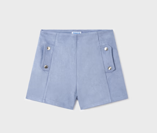 Blue Suede Shorts w/Button Pocket Detail