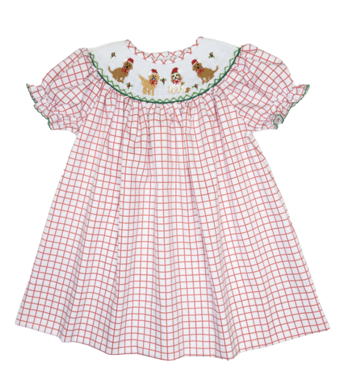 Emma Red Check Christmas Puppy Smock Dress