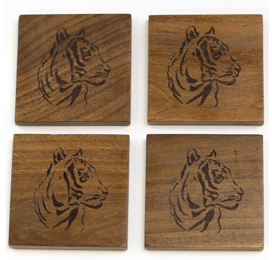 Tiger Etched Wood Coasters Set Of 4