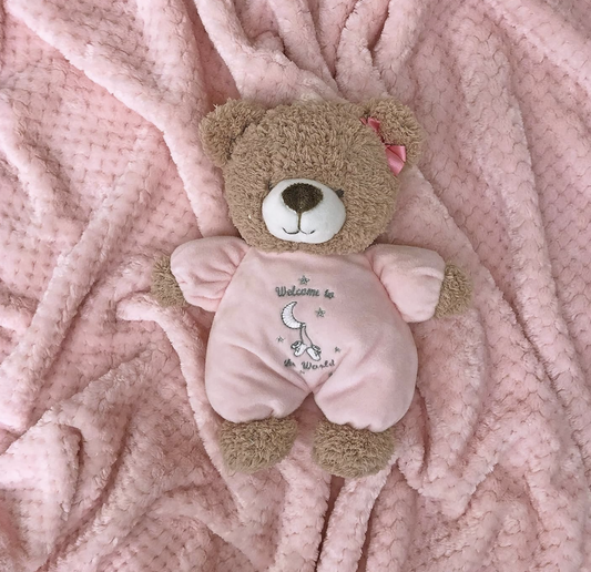 Welcome To The World Pink Teddy Bear Rattle