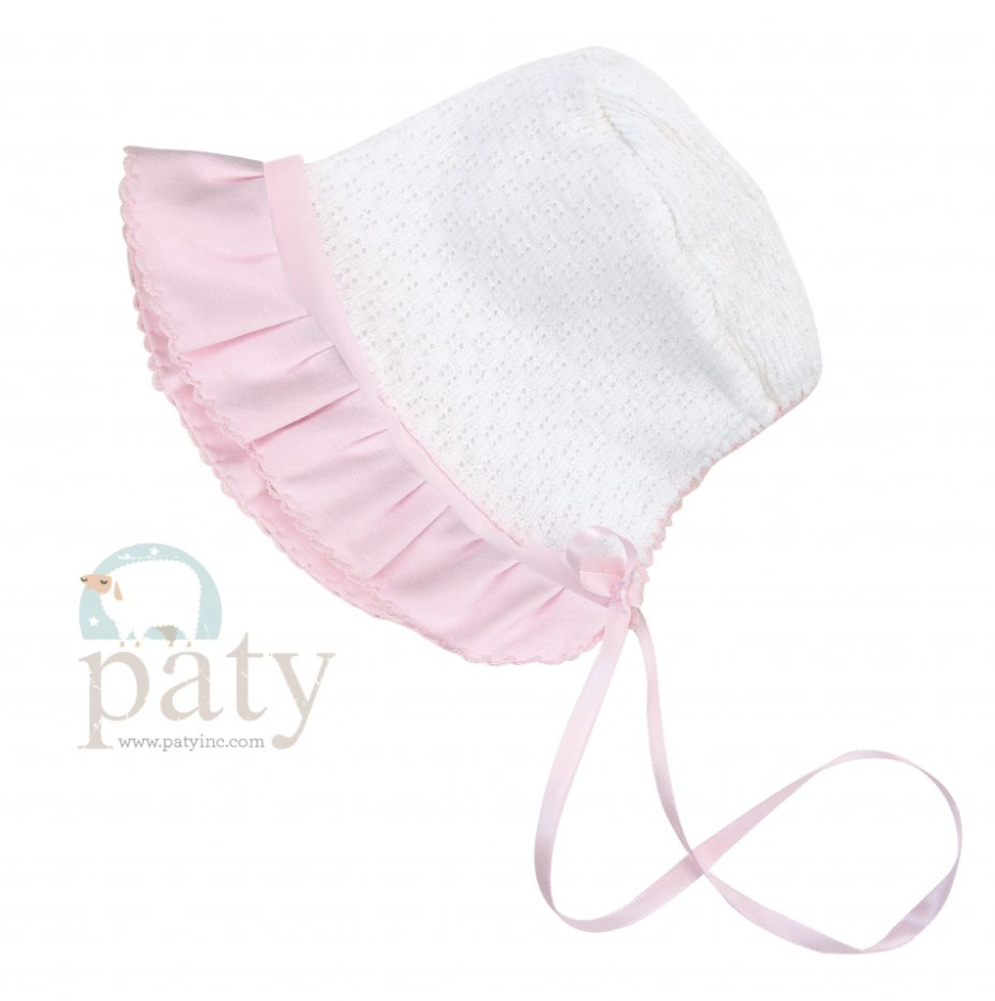 White Paty Bonnet w/ Pink Ruffle