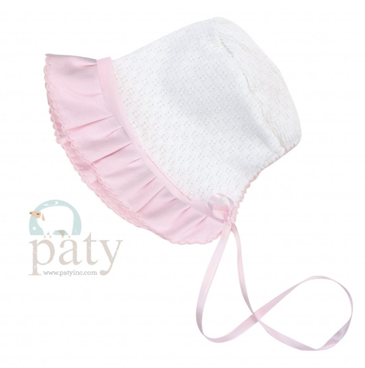 White Paty Bonnet w/ Pink Ruffle