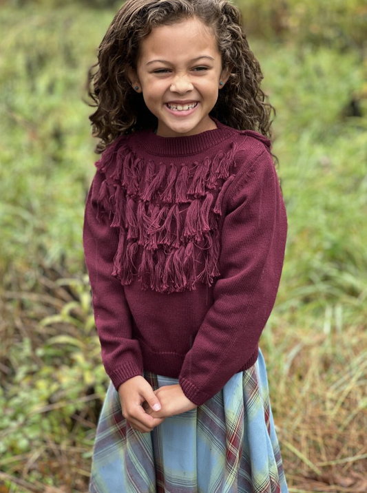 Maroon Longline Fringed Knit Sweater