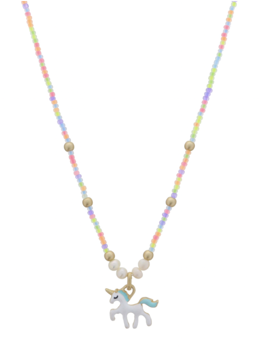 Kids Neon Beaded W/ Aqua And White Enamel Unicorn Necklace